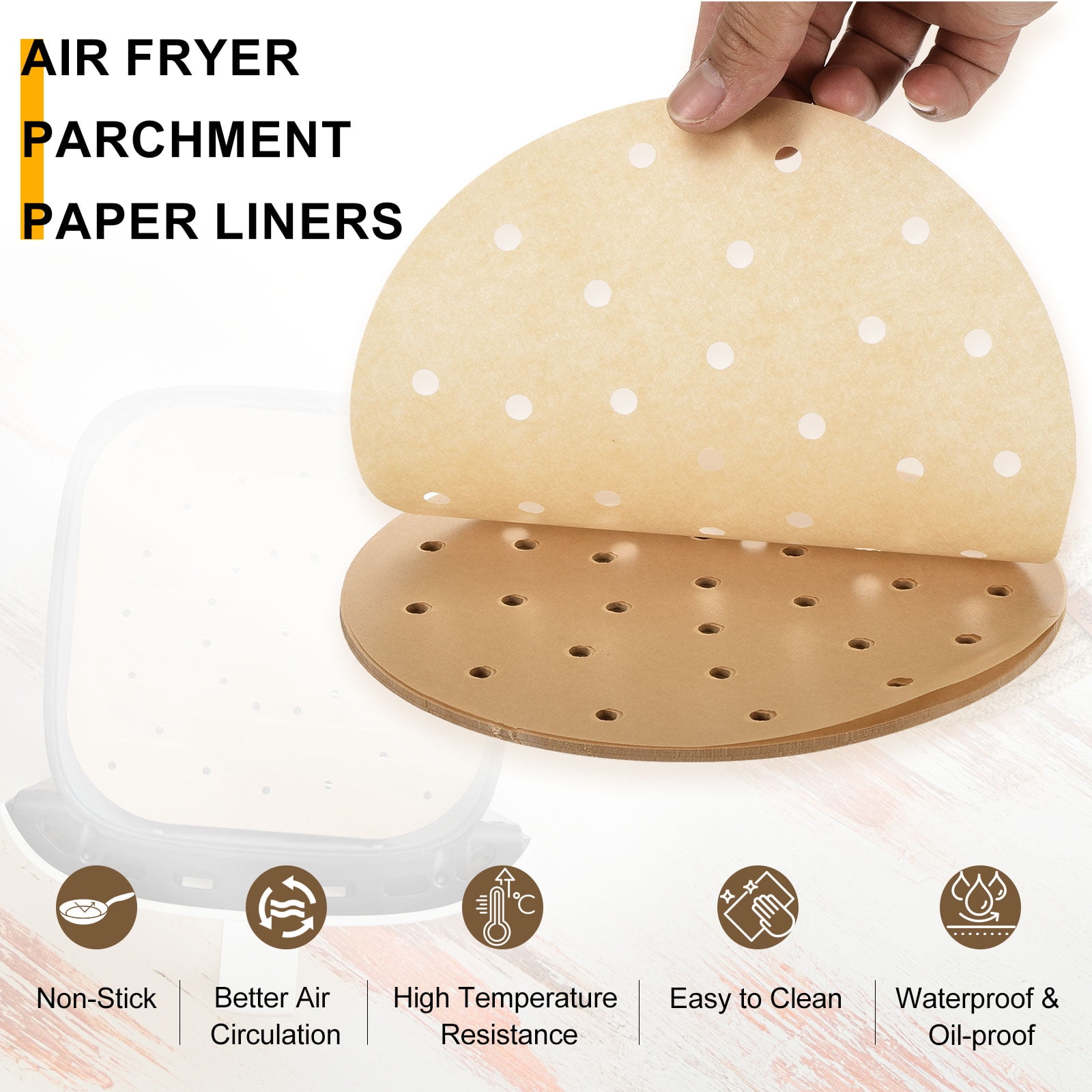 Uxcell 400pcs Air Fryer Liners 9 Inch Round Bamboo Steamer Liners with Holes Non-Stick Perforated Parchment Paper Sheets Disposable Steamer Paper for Air Fryers Steaming Basket, Brown