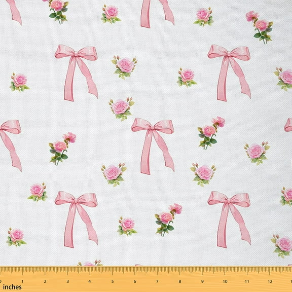 Homewish Cute Bowtie Bow Fabric by the Yard 1 Yard,Romantic Flower Floral Home Decor Fabric by the Yard,White Green White Sewing Fabric For Girls,Microfiber Bedroom Decor