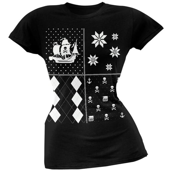 Pirates Festive Blocks Ugly Christmas Sweater Black Soft Juniors T-Shirt - X-Large