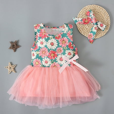 

QISIWOLE Toddler Kids Baby Girls Cute Summer Sleeveless Flowers Print Mesh Bow Dress Skirt Suit Deals