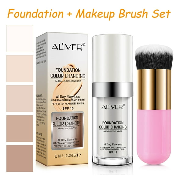 Aliver Flawless Color Changing Liquid Foundation with Versatile Makeup Brush,Warm Skin Tone Foundation,Lightweight and Silky Texture & Concealer