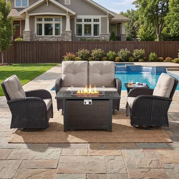Patiobula Patio Furniture Set with Propane Fire Pit Table, 5 Pieces Outdoor Sectional Couch, Black Wicker Rattan Conversation Loveseat Glider with Swivel Chair for Garden Backyard Deck, Beige