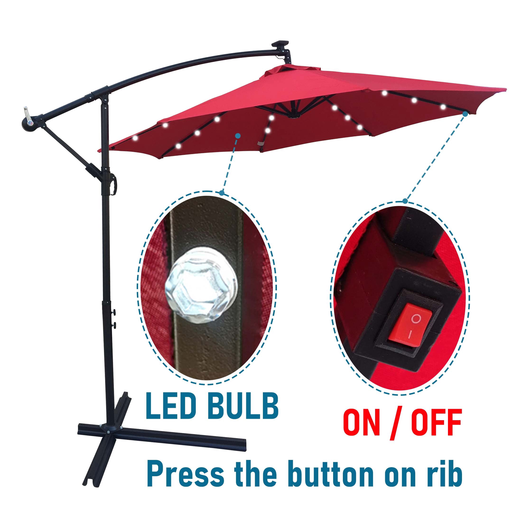 Aukfa 10ft Patio Solar LED Lighted Outdoor Umbrellas with Cross Base for Market Beach Pool - Red