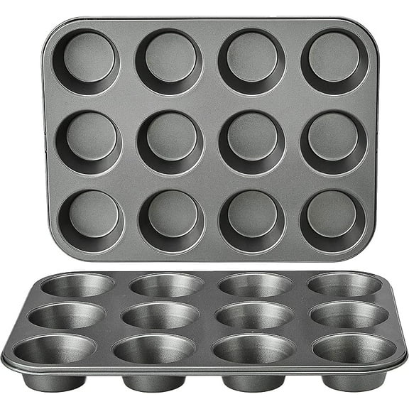 Nonstick Round Muffin Baking Pan, 12 Cups, Set of 2, Gray, 13.9x10.55x1.22"