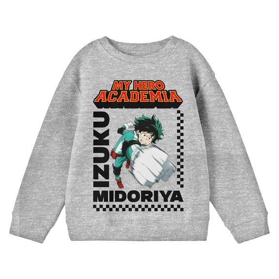 My Hero Academia Izuku Midoriya With Title Logo Youth Heather Gray Crew Neck Sweatshirt-XL