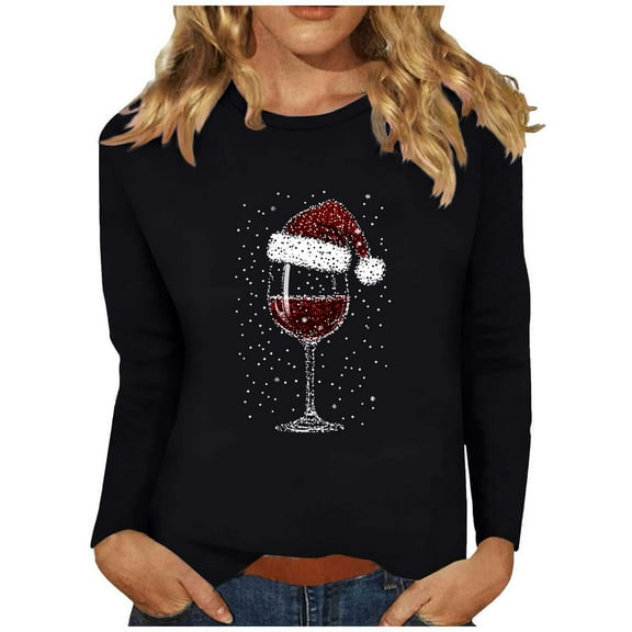 Christmas Tshirts Women Funny Christmas Wine Glass Pattern Long Sleeve T-Shirt Festive Crew Neck Top Holiday Party Blouse Apparel My Items