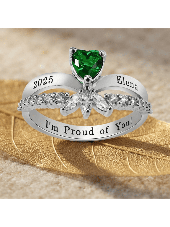 Personalized Green Heart Cut Class Ring for Women, Customize Birthstone, School Name, Year, Inside Engraving in 925 Sterling Silver