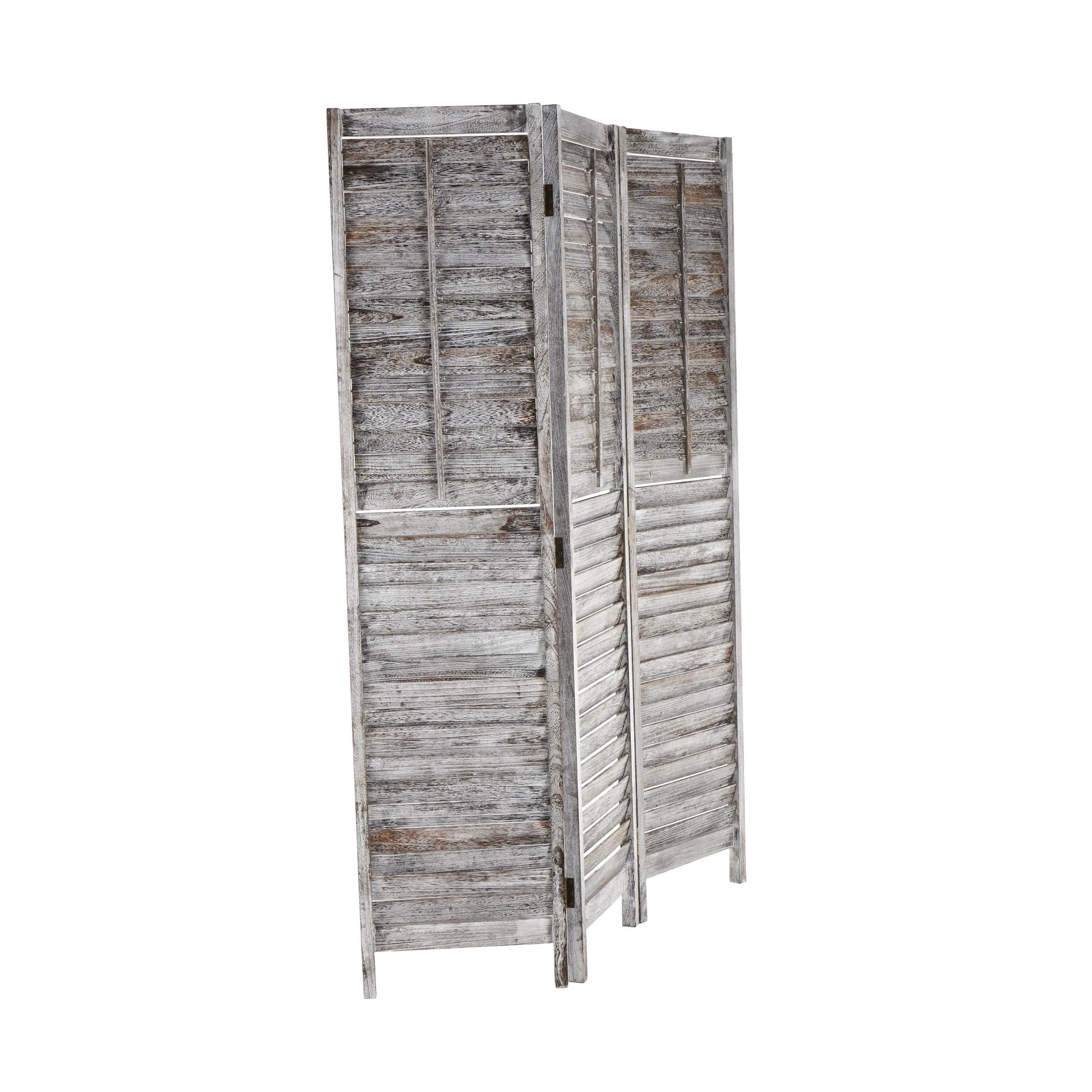 DecMode 48" x 67" Gray Wood Distressed Shutter Top 3 Panel Room Divider Screen with Brown Accents, 1-Piece