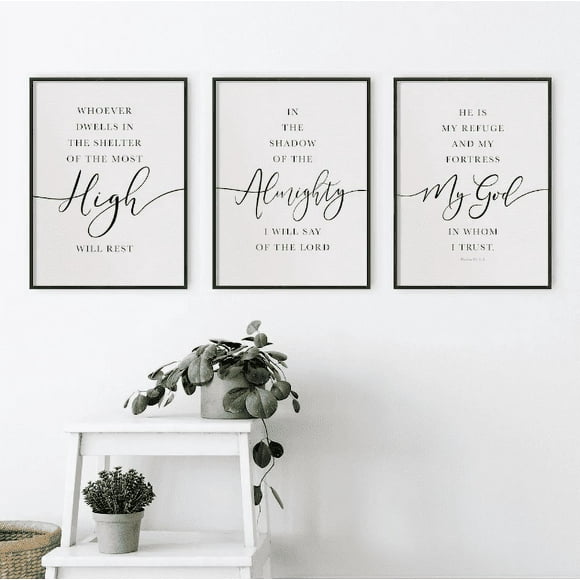 Poster and Prints He is my Refuge Quote Wall Art Canvas Framed Painting Psalm 91 Artwork 3 Pieces Home Living Room Christian Decoration for Bedroom