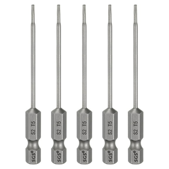 Uxcell 5pcs T5 Torx Head Screwdriver Bit 1/4" Hex Shank 3" (75mm) Long Magnetic No Hole Tip 6 Point Star Screw Driver