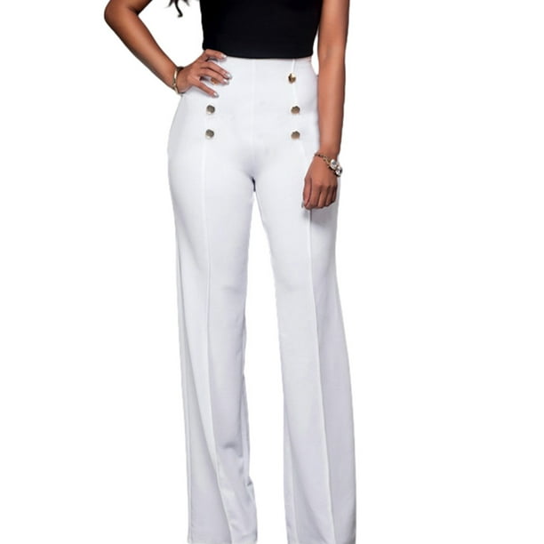 Pantalones de trabajo informales para mujer, de 6 botones, pantalones largos de cintura alta y pierna recta