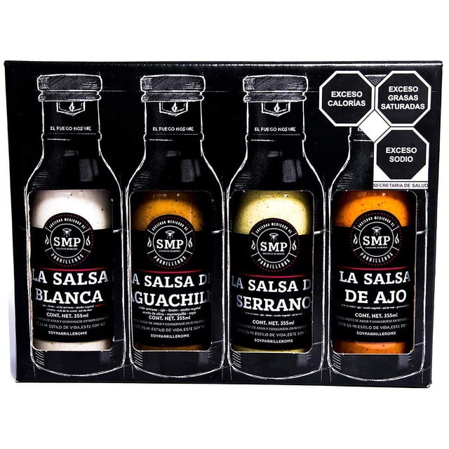 SMP Kit Edición Especial Salsas – Pack 4 Botellas (Salsa de Serrano, Blanca, Aguachile y Ajo) 100% Natural, Sin Conservadores – Botana y Carne Asada
