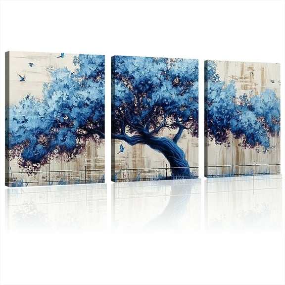 Large Canvas Wall Decor For Living Room Wall Art For Bedroom Office Decor Blue Tree Wall Paintings Farmhouse Abstract Watercolour Pictures Artwork Home Decor Ready To Hang Posters12x16x3pcs