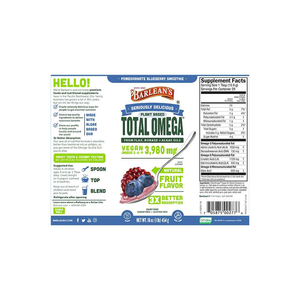 Barlean's Plant Based Total Omega 3 · 6 · 9, Pomegranate Blueberry Smoothie, 3,980 mg, 16 oz (454 g)