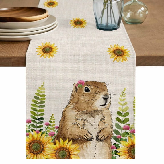 Table Runner 60 Inches Long for Kitchen Dining, Groundhog Day Dresser Scarf Farmhouse, Dining Table Decorations for Wedding/Parties, Sunflower Spring Floral Botanical Rustic 13 x 60 In