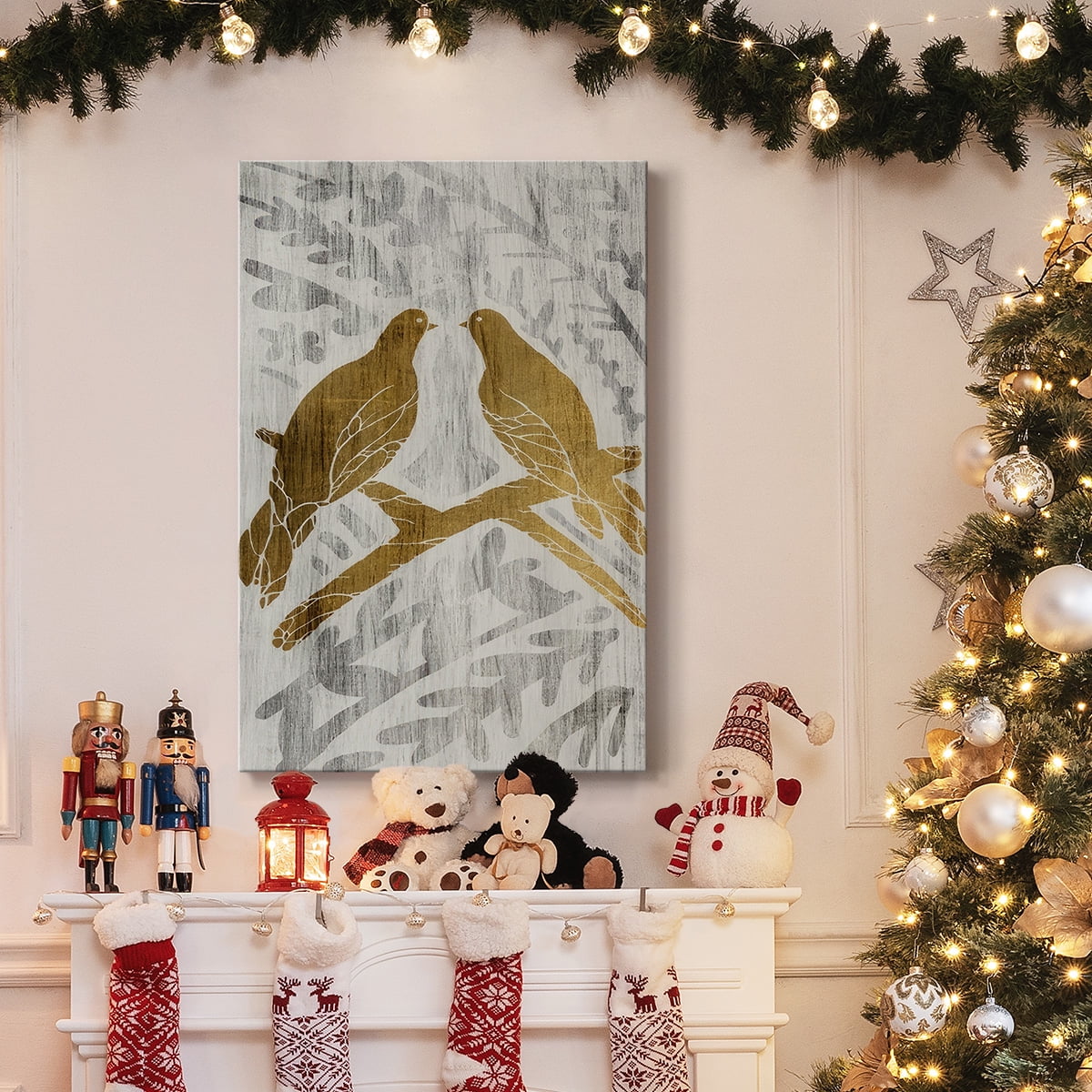 Two Turtle Doves - Gold Leaf Holiday- Gallery Wrapped Canvas