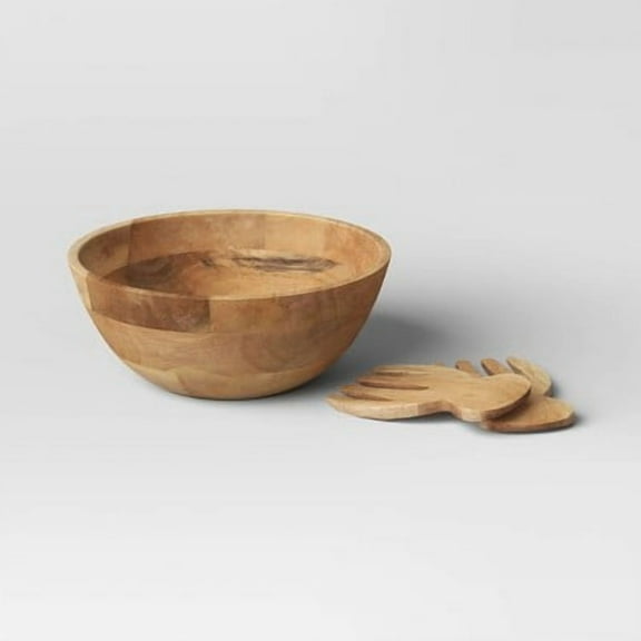 3pc Wood Salad Bowl Set with Utensils - Large Round Serving Bowl, Natural Brown