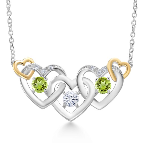 Gem Stone King 925 Silver and 10K Yellow Gold White Moissanite Green Peridot and White Lab Grown Diamond Heart Shape Pendant Necklace for Women (0.89 Cttw, with 18 inch Chain)