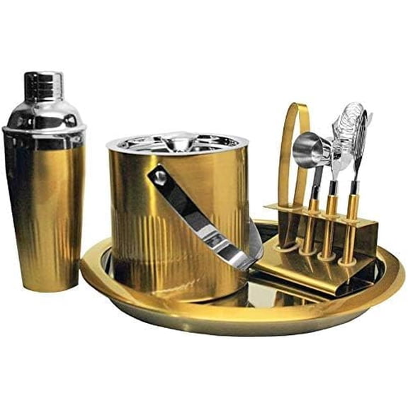 Connaught Place Collection 7-Piece Bartender Kit, Gold/Silver Premium Bar Set with Shaker, Ice Bucket, Jigger, Tongs & More for Home or Professional Mixologists