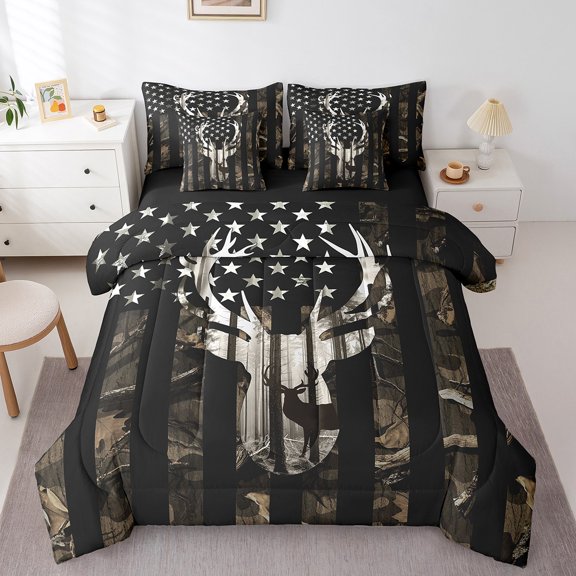 Erosebridal Hunting Deer Bed in a Bag Twin size, American Flag Bed Set, Rustic Farmhouse Reversible Bedding Twin Size, Breathable Bedroom Decorative, 7-Piece