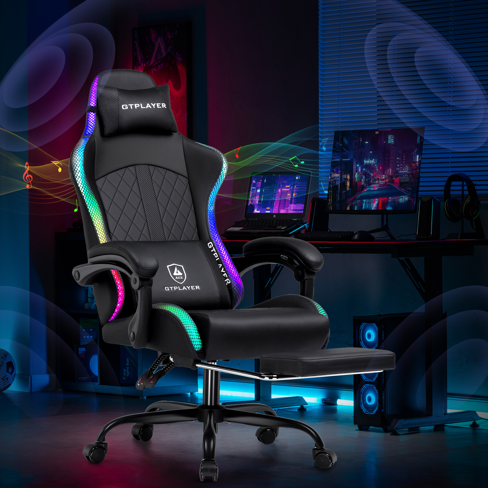 GTPLAYER RGB Gaming Chair with Speakers, Computer Gamer Chair with Footrest and LED Lights, Black