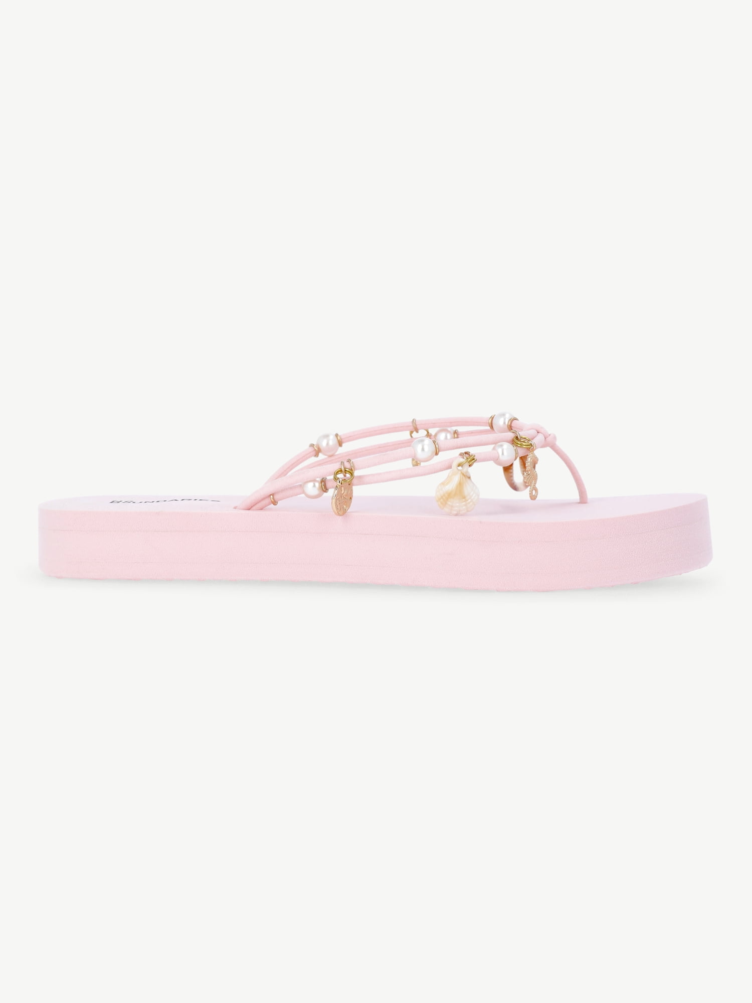 No Boundaries Faux Suede Flip Flop Sandals with Shell Embellishments, Women's