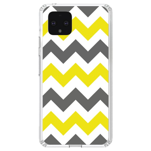 DistinctInk Clear Shockproof Hybrid Case for Google Pixel 4 XL (6.3" Screen) - TPU Bumper, Acrylic Back, Tempered Glass Screen Protector - Grey Yellow Chevron Stripes - Chevron Stripes Pattern