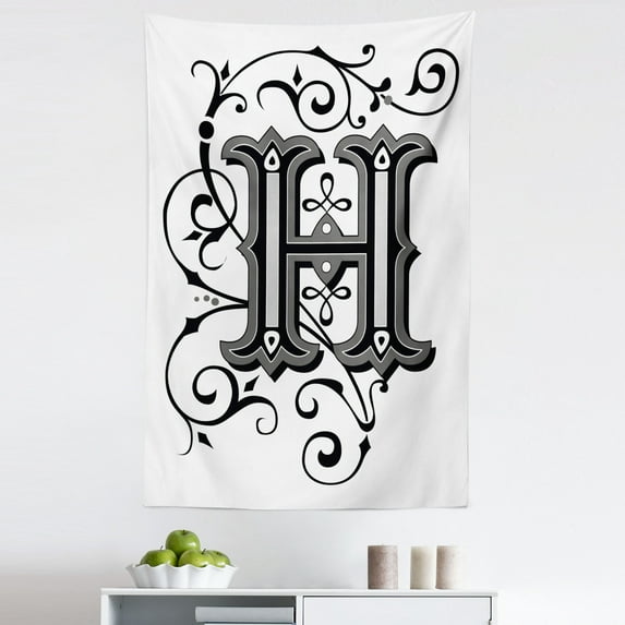 Letter H Tapestry, Calligraphy Elements in Uppercase Letter H Design from Middle Ages Art, Fabric Wall Hanging Decor for Bedroom Living Room Dorm, 5 Sizes, Black Grey White, by Ambesonne