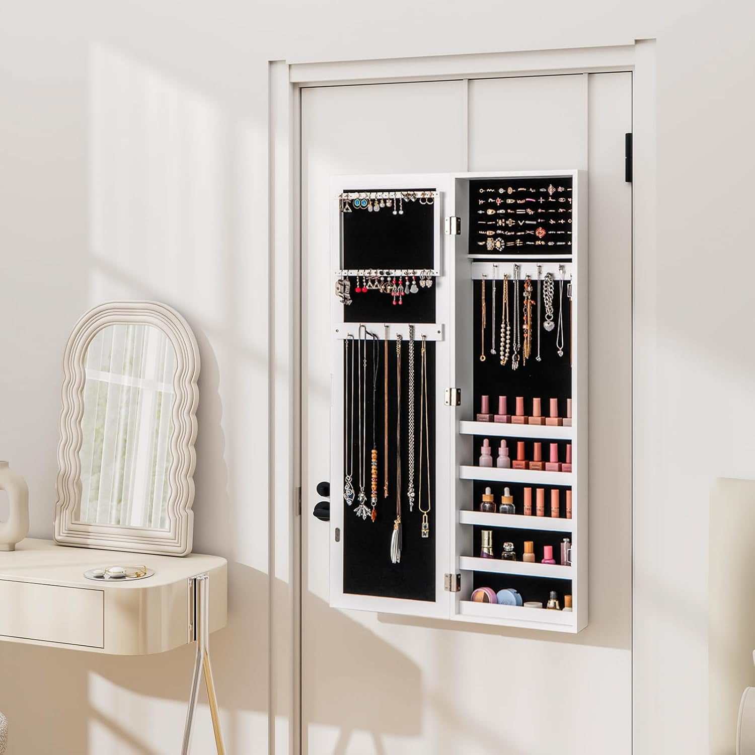 Mirror Jewelry Cabinet Wall Mounted, 42” Over the Door Full Length Mirror with Storage & Hooks, Hanging Jewelry Chest Box, Modern Jewelry Storage Organizer for Women, Girls, White