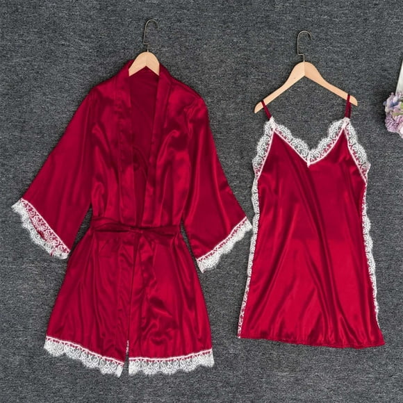 Alitao Womens Pajama Sets Lounge Sets Women's 2 Garter Set Robes Lace Bodysuit Deep V Neck Underwear Cotton Nightgown Matching Pajamas Women'S Sleepwear Red 2XL