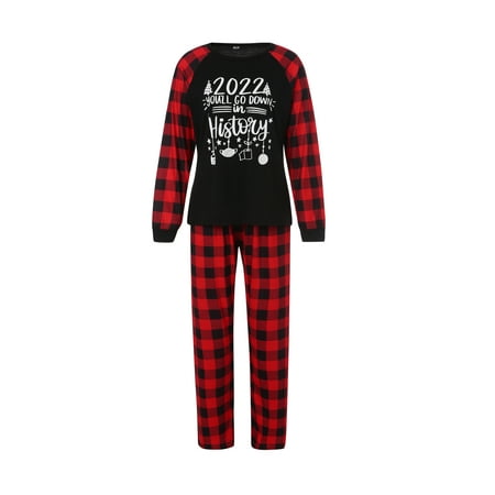 

Christmas Family Pajamas Set Letter Print Round Collar Tops and Plaid Print Trousers