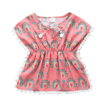 

Toddler Kids Baby Girls Swimwear Cover Up Summer Leopard Rainbow Tassel Beach Dress Pompom Poncho Rash Guards Swimsuits Bikini Cover Ups Child Leisure Outwear