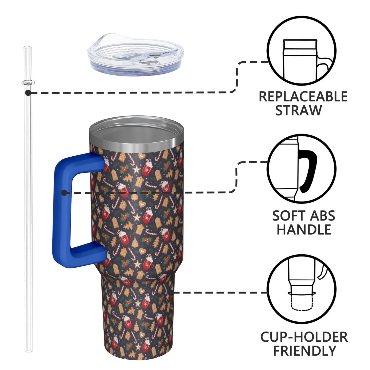 Dark Christmas Drink and Cookie Pattern Tumbler with Handle and Lid,40oz Double Wall Vacuum Insulated Tumbler,Cups Gift for Women and Men