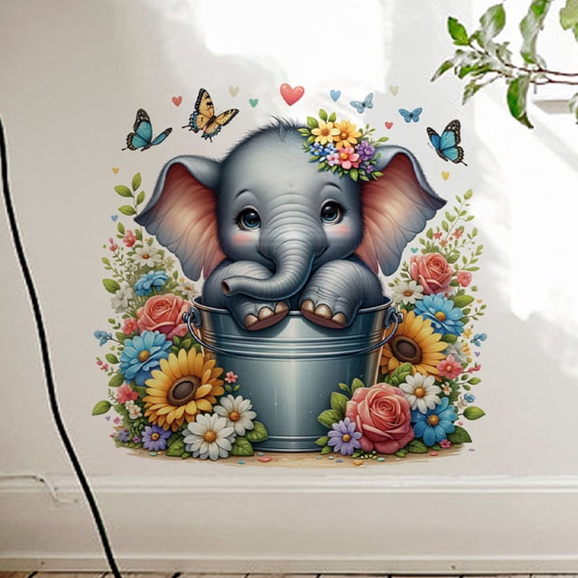 Adhesivo de pared con dibujos animados de elefante en balde, PVC, 40 x 40 cm