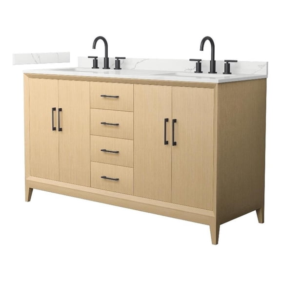 Janna 60" White Oak Double Vanity & Giotto Quartz Top (3-Hole) & Black Trim
