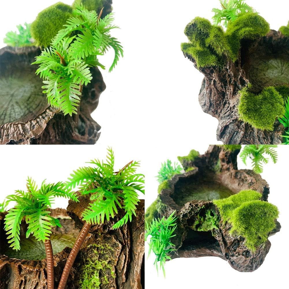 Reptile Tank Decor Resin Platform with Artificial Plants Water Dish Food Bowl Feeding Dish for Lizard Turtle Gecko Frog Snake Amphibian Crawling Platform