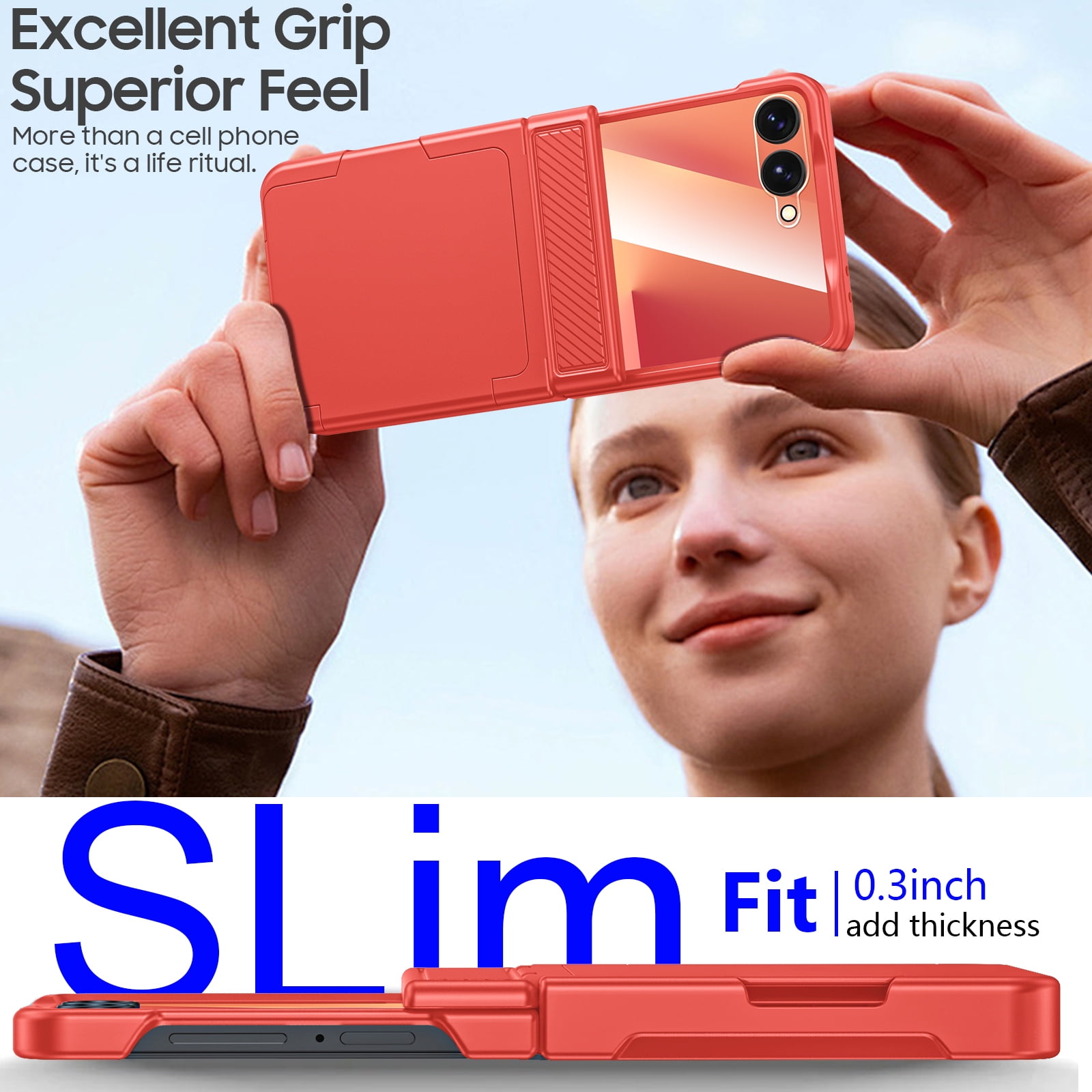 Vizvera for Samsung Galaxy Z Flip 7 Phone Case with Card Holder RFID Blocking,Built in Hinge Protection, Screen Protector-Rose Red