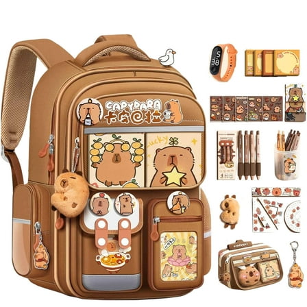 WYLQQ Cute Capybara Backpack Set – Capybara Backpack for School, Waterproof Cartoon Bookbag with Stationery Supplies