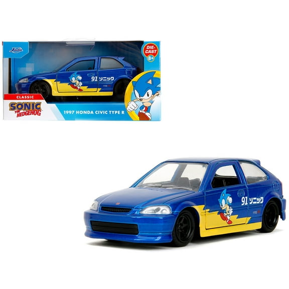 1997 Honda Civic Type R Blue Metallic with Graphics "Sonic the Hedgehog" (1991) Video Game "Hollywood Rides" Series 1/32 Diecast Model Car by Jada