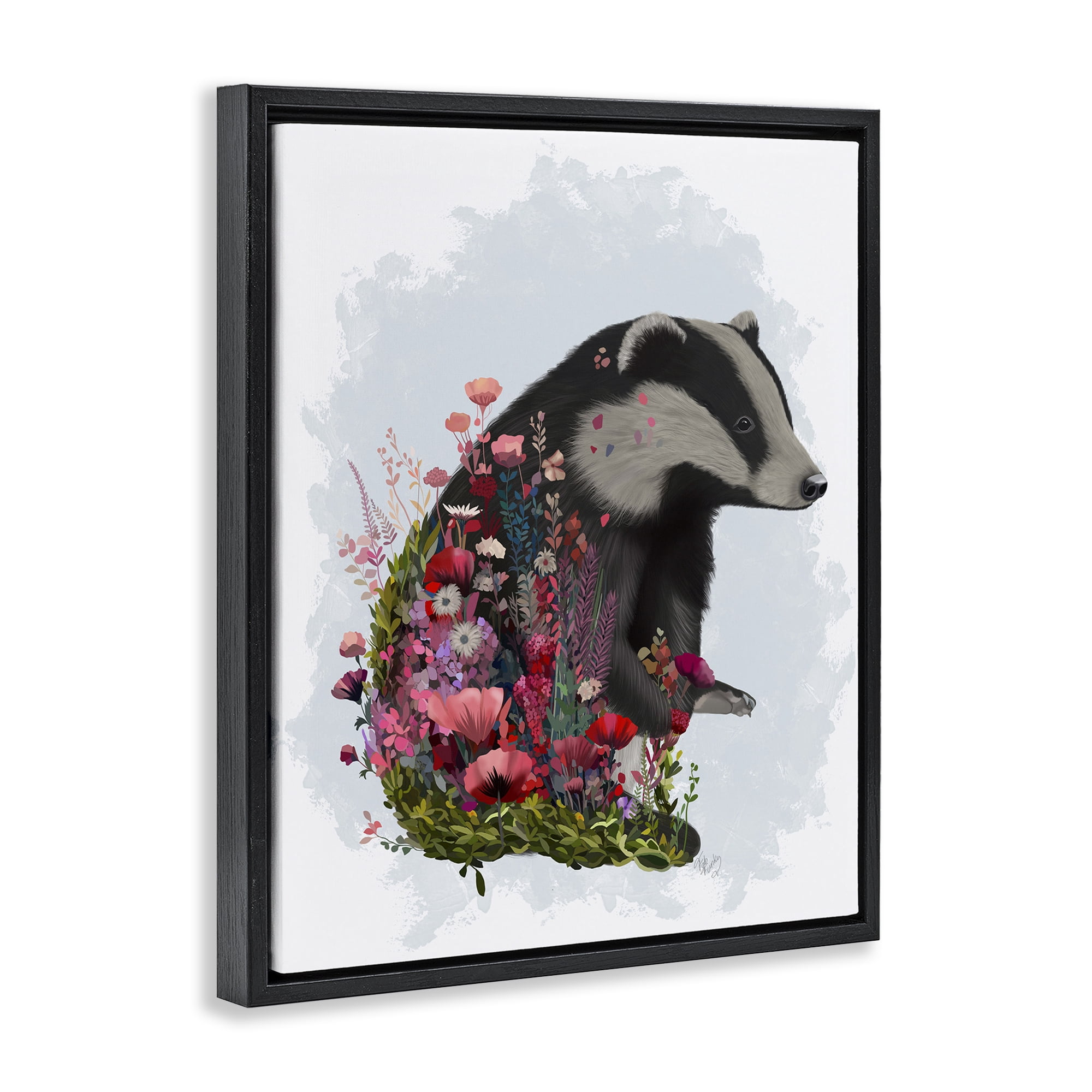 Stupell Industries Badger with Garden Blooms Botanical & Floral Painting Black Floater Framed Canvas Art Print Wall Art, 25 x 31