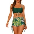 thumbnail image 1 of Conjuntos de bikini con tirantes para mujer, 2 piezas, estampado tropical, pantalones cortos de cintura alta, trajes de baño, talla X-Small, verde oscuro, 1 of 5