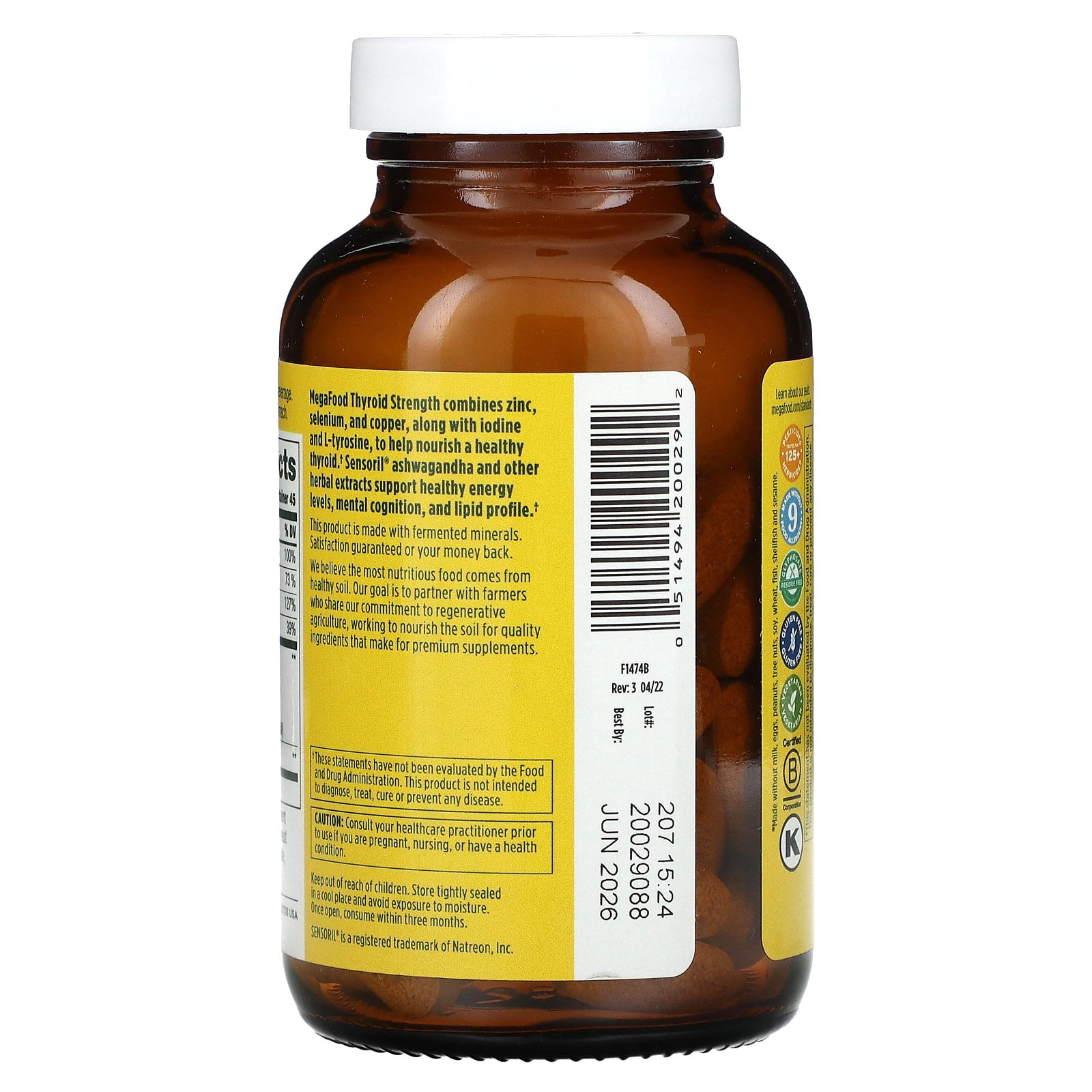 MegaFood Thyroid Strength - Ashwagandha, Zinc, Selenium, Iodine - Vegetarian - 45 Servings