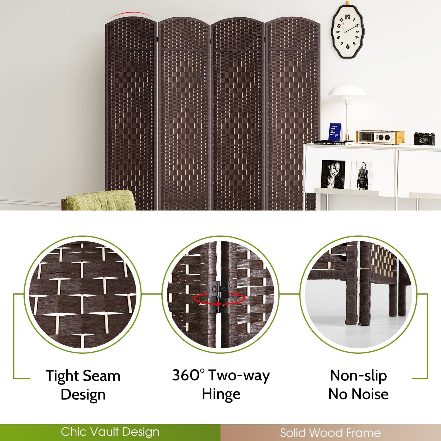 YRLLENSDAN 4 Panel Room Divider Panel 6Ft Partitions and Dividers Freestanding Folding Screen Room Divider Folding Screen Room Divider Partition Room Dividers Privacy Screen Indoor,Brown