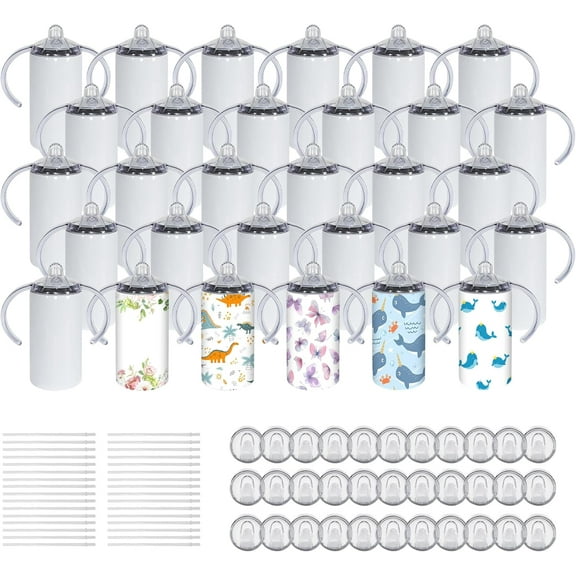 12 Oz Sublimation Sippy Cup, 30 Pack Kids Sublimation Tumblers with Handle, 2 Lids, Insulated Skinny Tumblers Blanks Stainless Steel Double Wall Vacuum Insulated Cups Gift for Water Milk Boys Girls