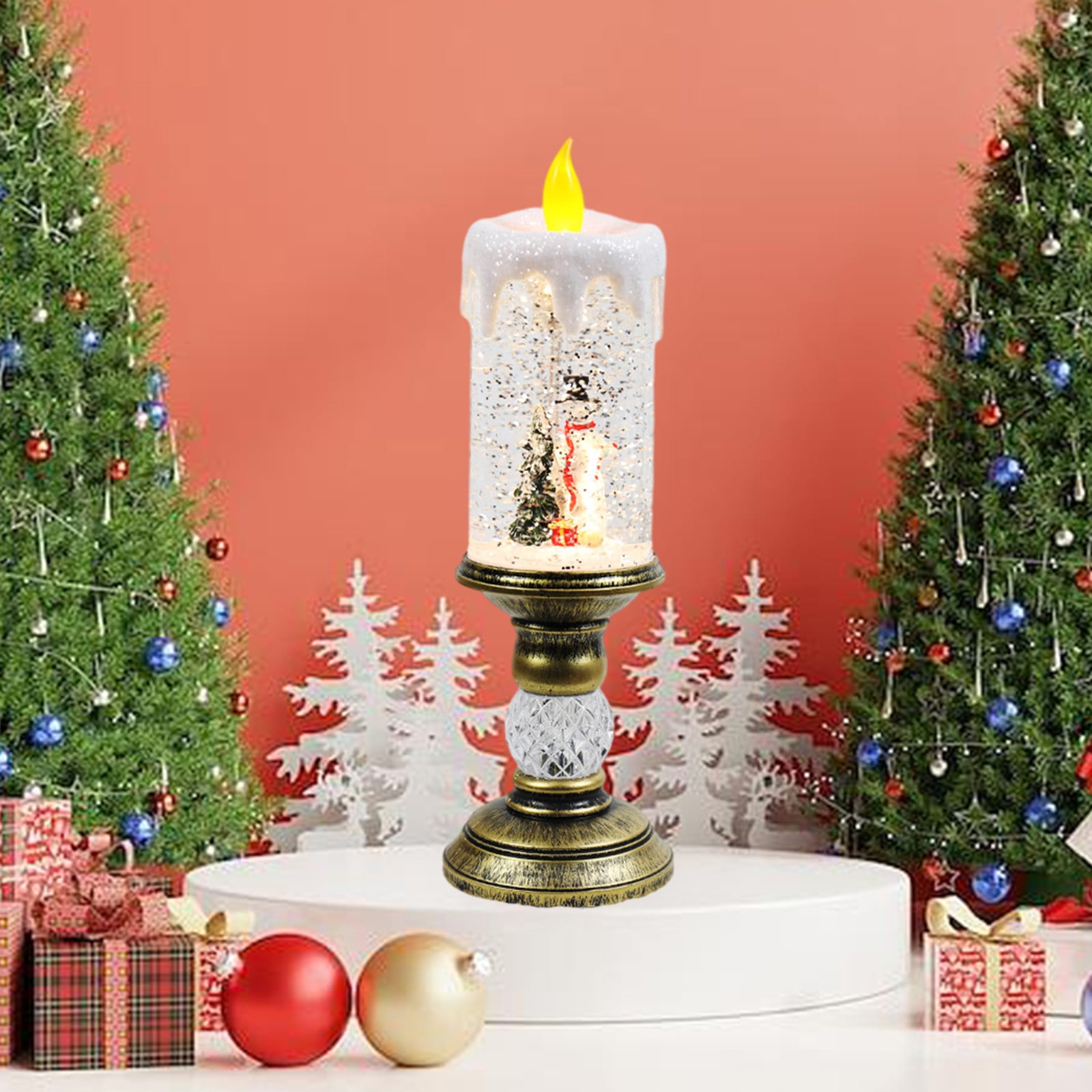 Dengmore Christmas Ornament Resin Luminous Santa Snowman Imitation Candle Light with Music Box LED Flameless Flickering Candle Lights Retro Night Light for Living Bedroom Xmas Decor