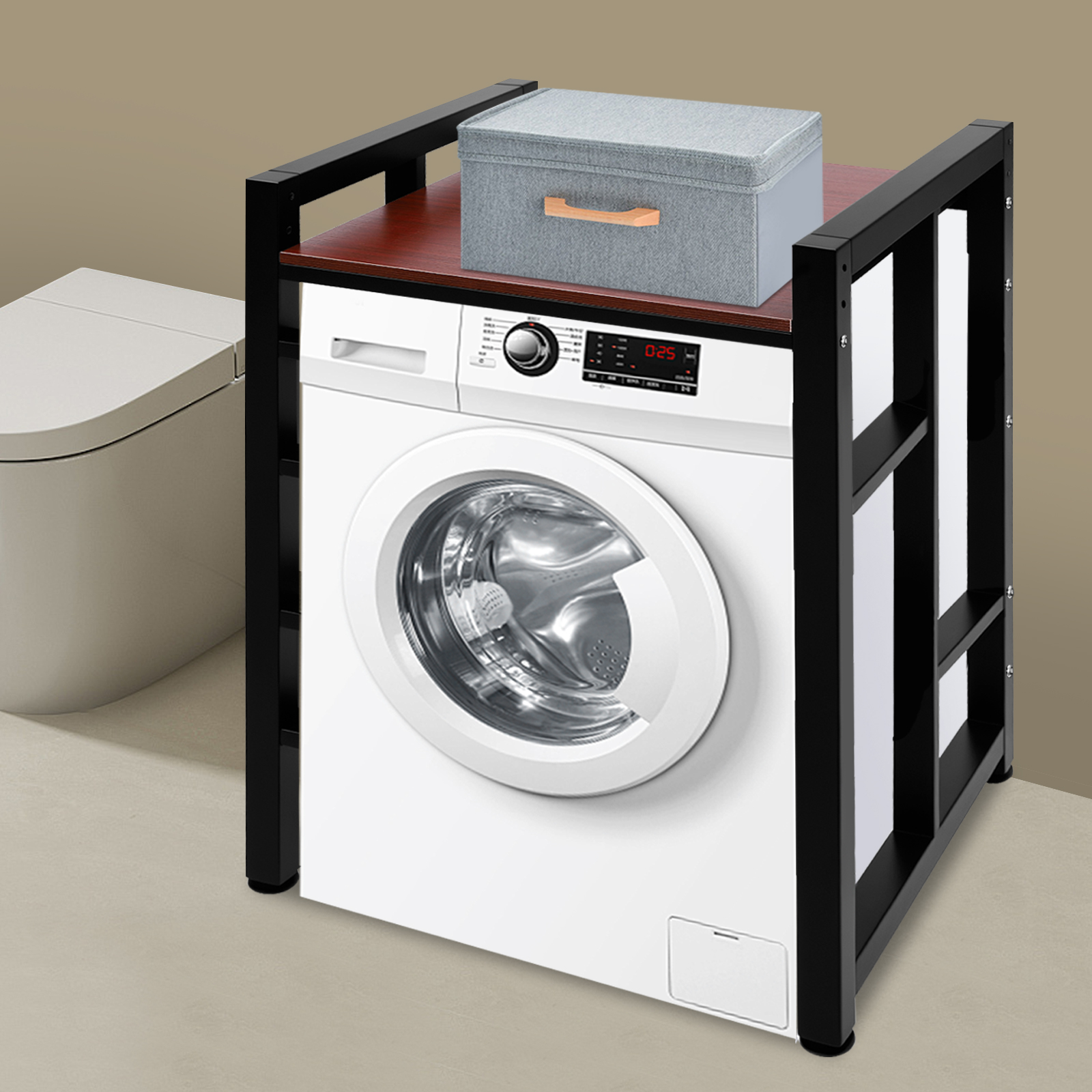 Washer Dryer Storage Shelf, Steel and Solid Wood Construction with 418.9lbs Capacity, 29.53x25.59in Base, Adjustable Height Design