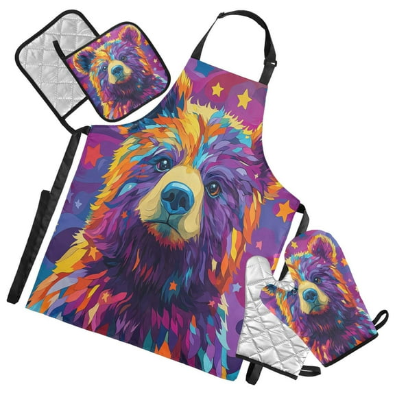 5 Pcs Kitchen Set Heat Resistant Oven Mitts and Non-Slip Pot Holders with Adjustable Cooking Apron Colorful Bear and Star