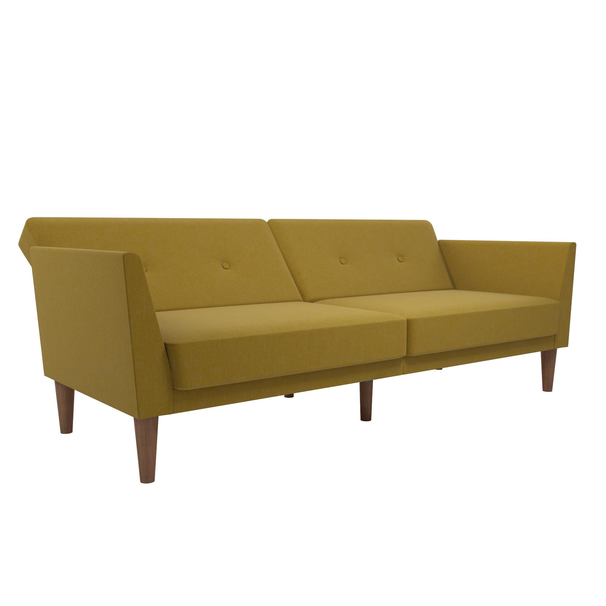 Novogratz Regal Futon, Mid-Century Sofa Bed, Mustard Yellow Linen