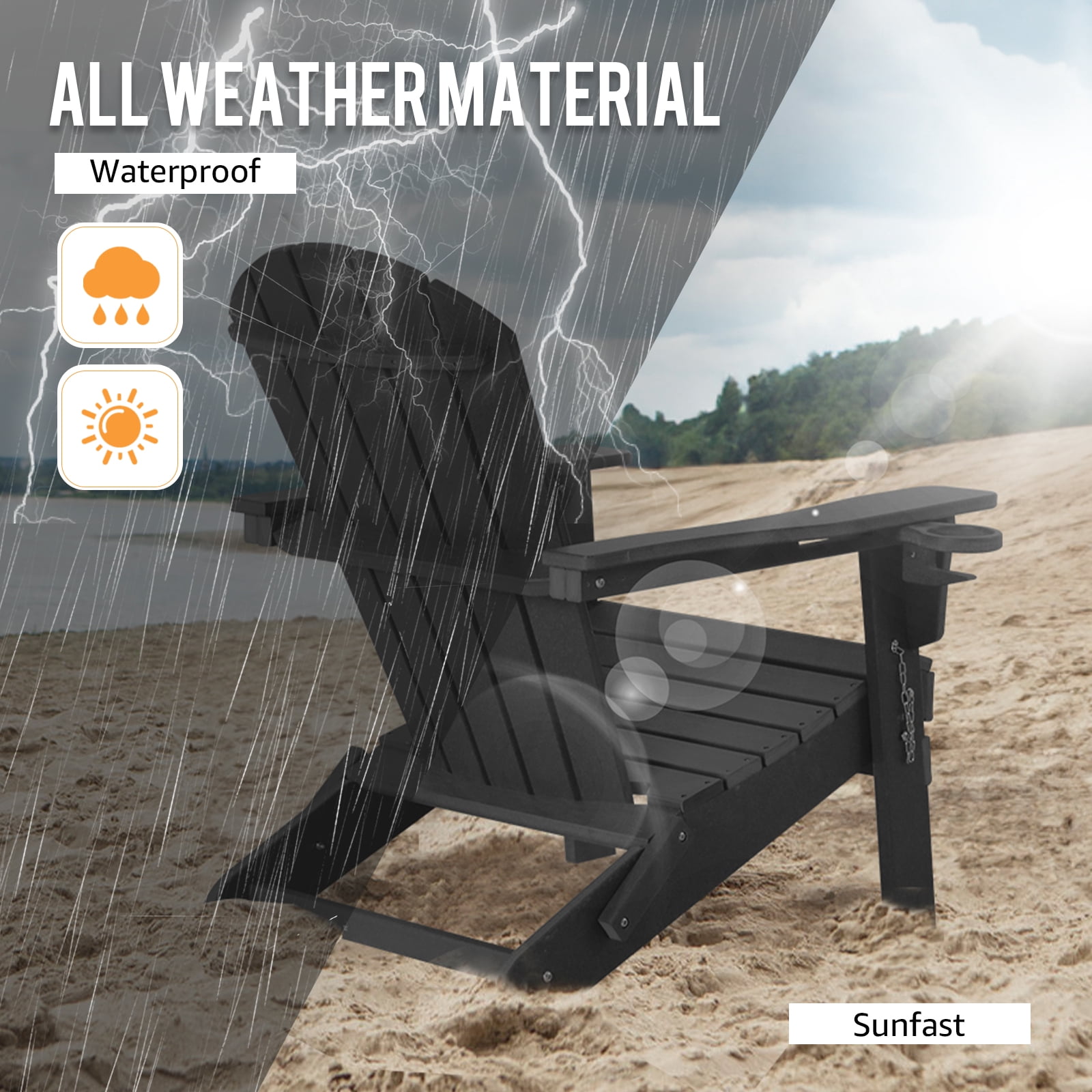 Folding Adirondack Chairs, Patio Chairs, Lawn Chairs, Outdoor Chair, Adirondack Chair Plastic, Fire Pit, Weather Resistant with Cup Holder for Deck, Backyard, Garden(Black)