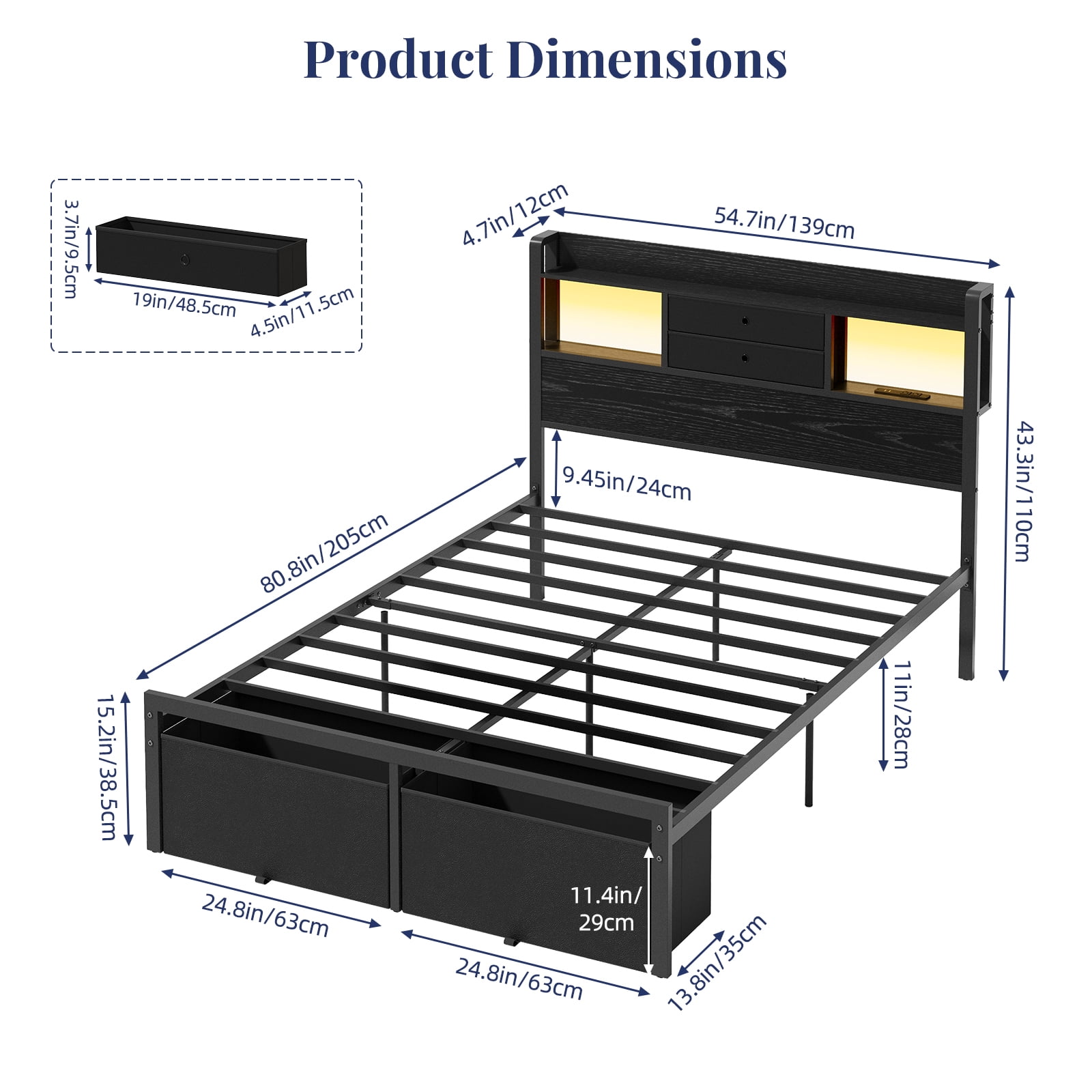 Fairy Full Size Bed Frame with Storage Headboard, LED Lights and Charging Station, Metal Platform Bed with 2 Drawers, No Box Spring Required, Black